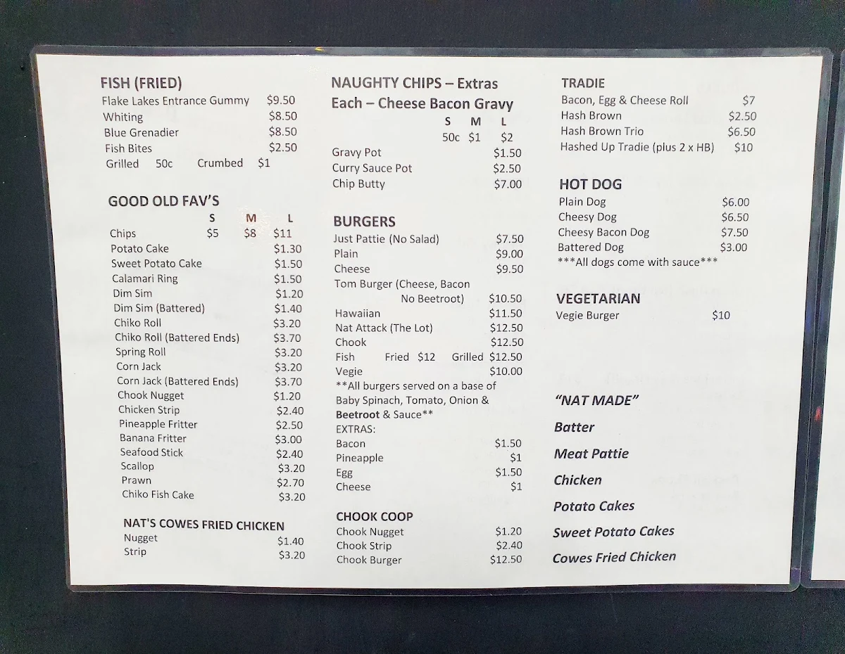Menu, Nat's Rustic Beach Feed