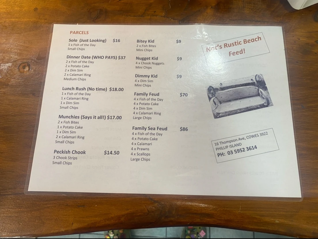 Menu, Nat's Rustic Beach Feed