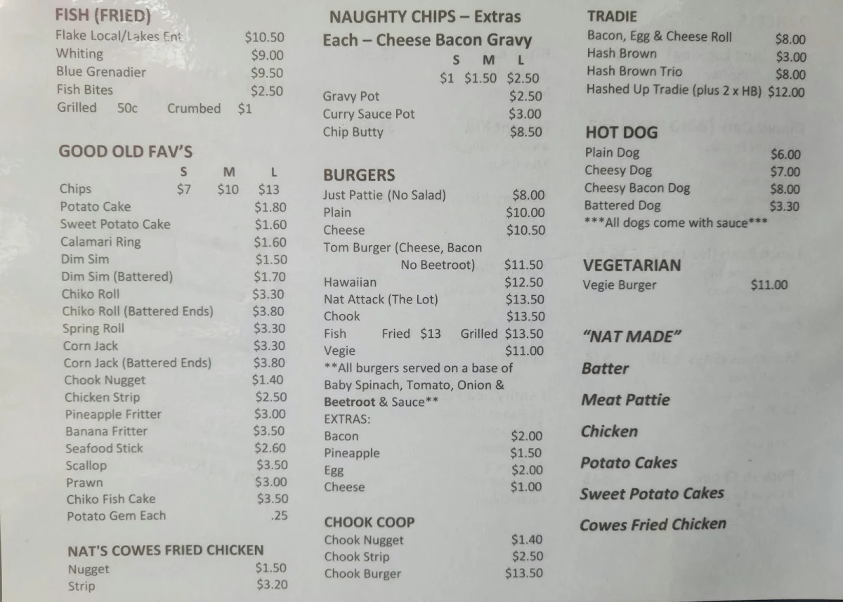 Menu, Nat's Rustic Beach Feed