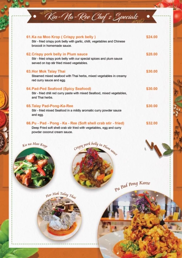 Menu, Kinnaree Thai Restaurant