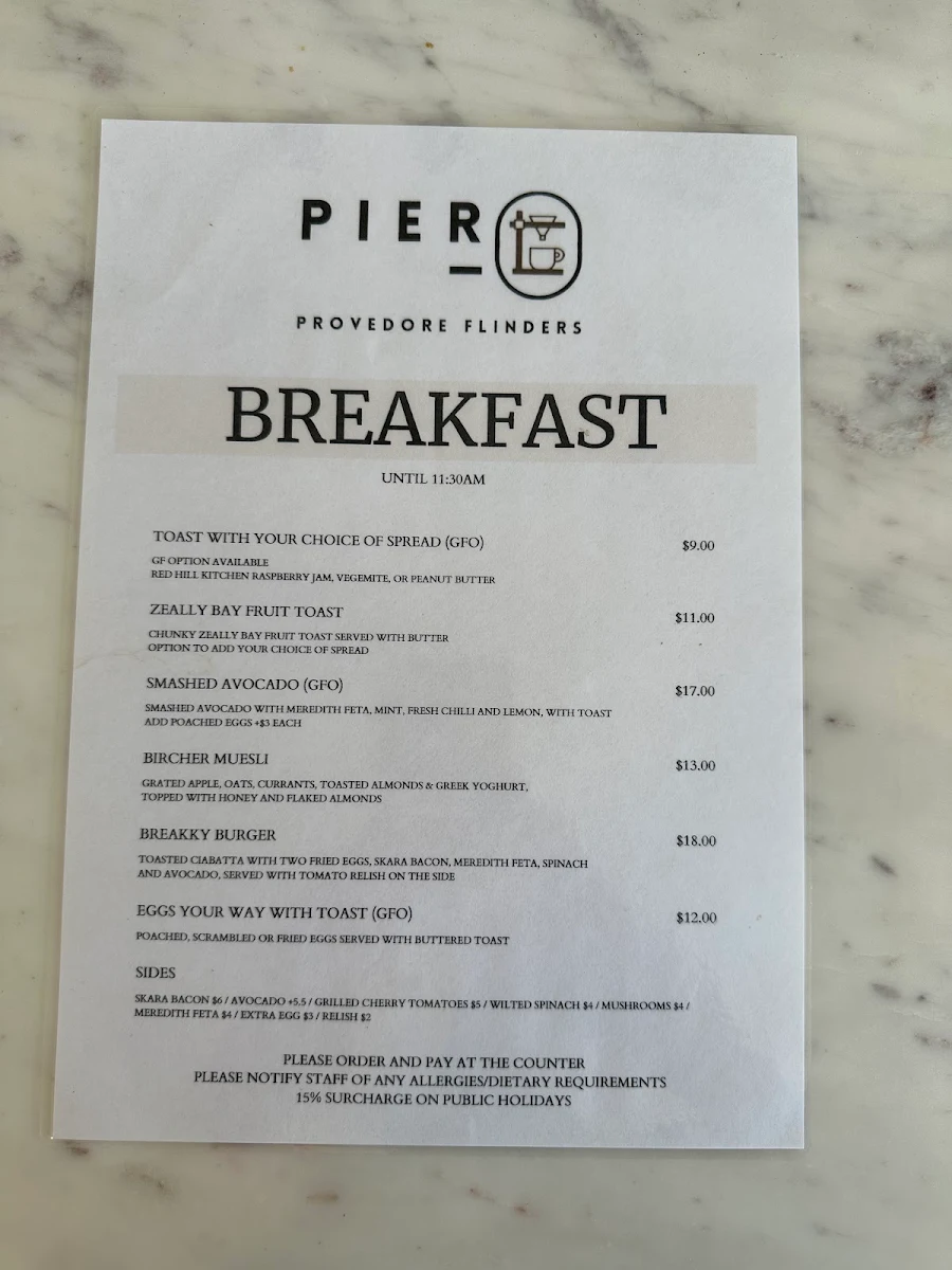 Menu, Pier Provedore Flinders
