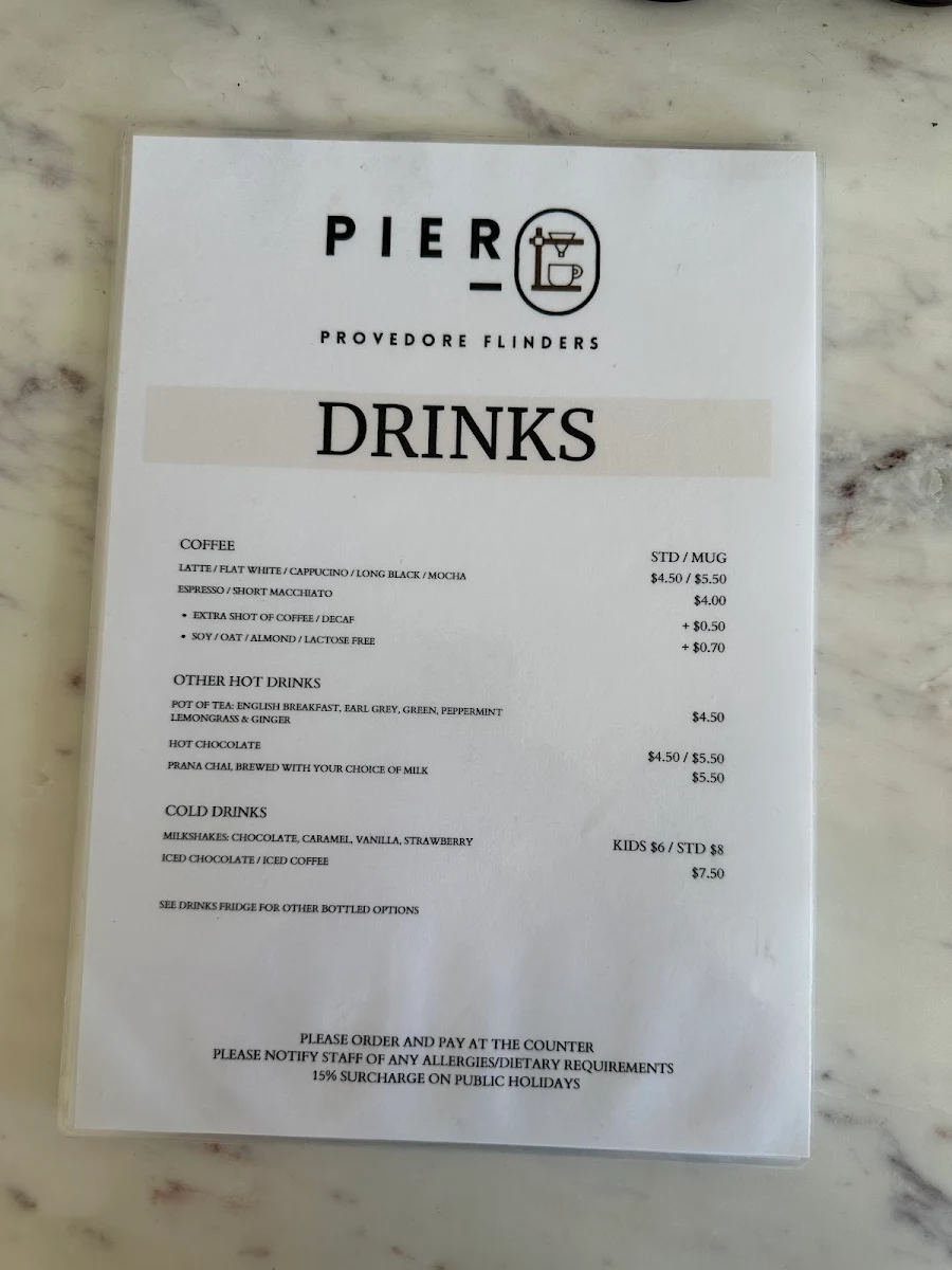 Menu, Pier Provedore Flinders