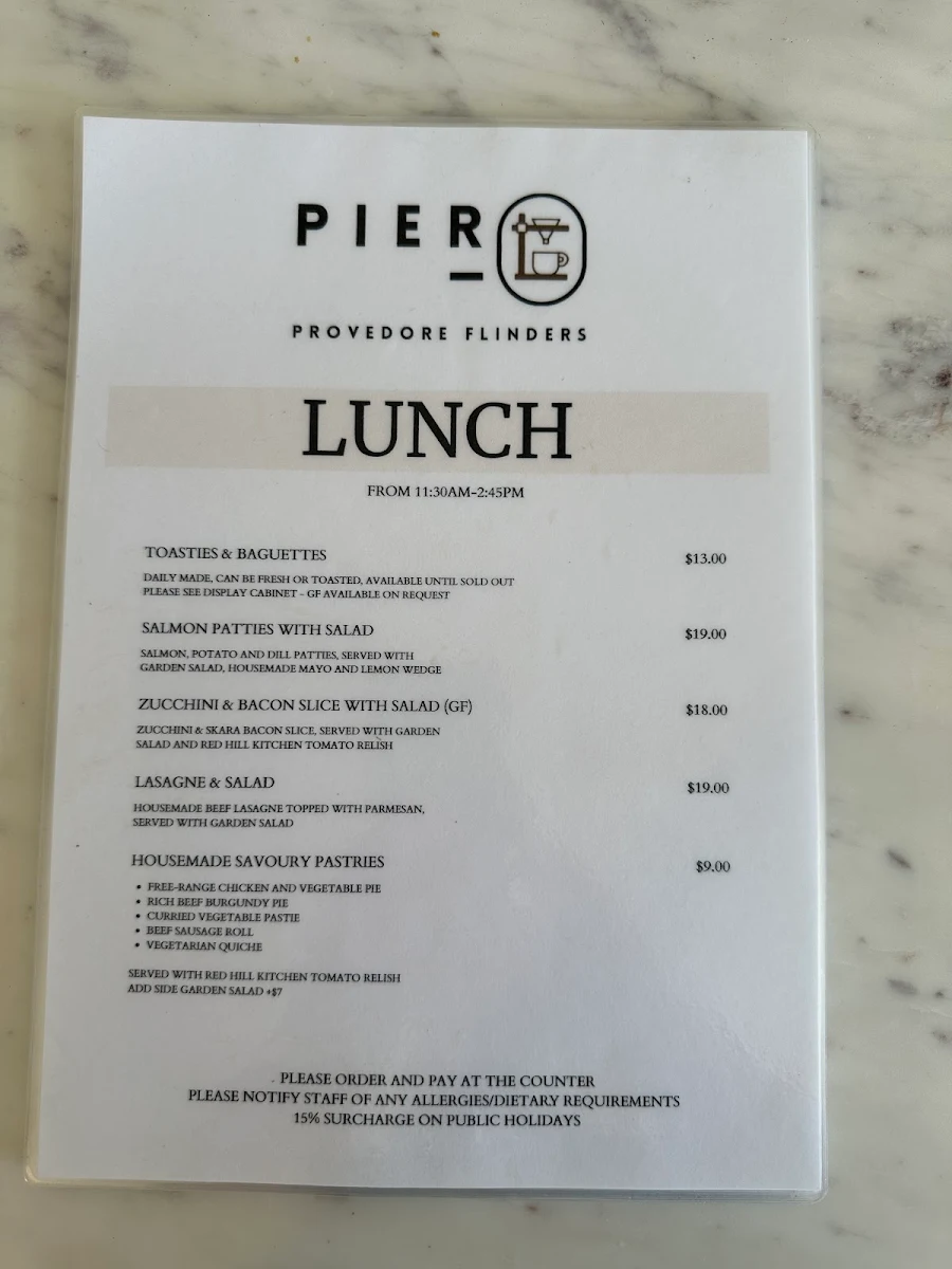 Menu, Pier Provedore Flinders