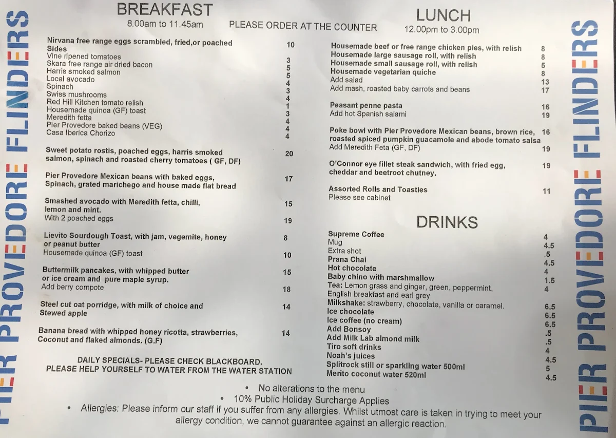 Menu, Pier Provedore Flinders