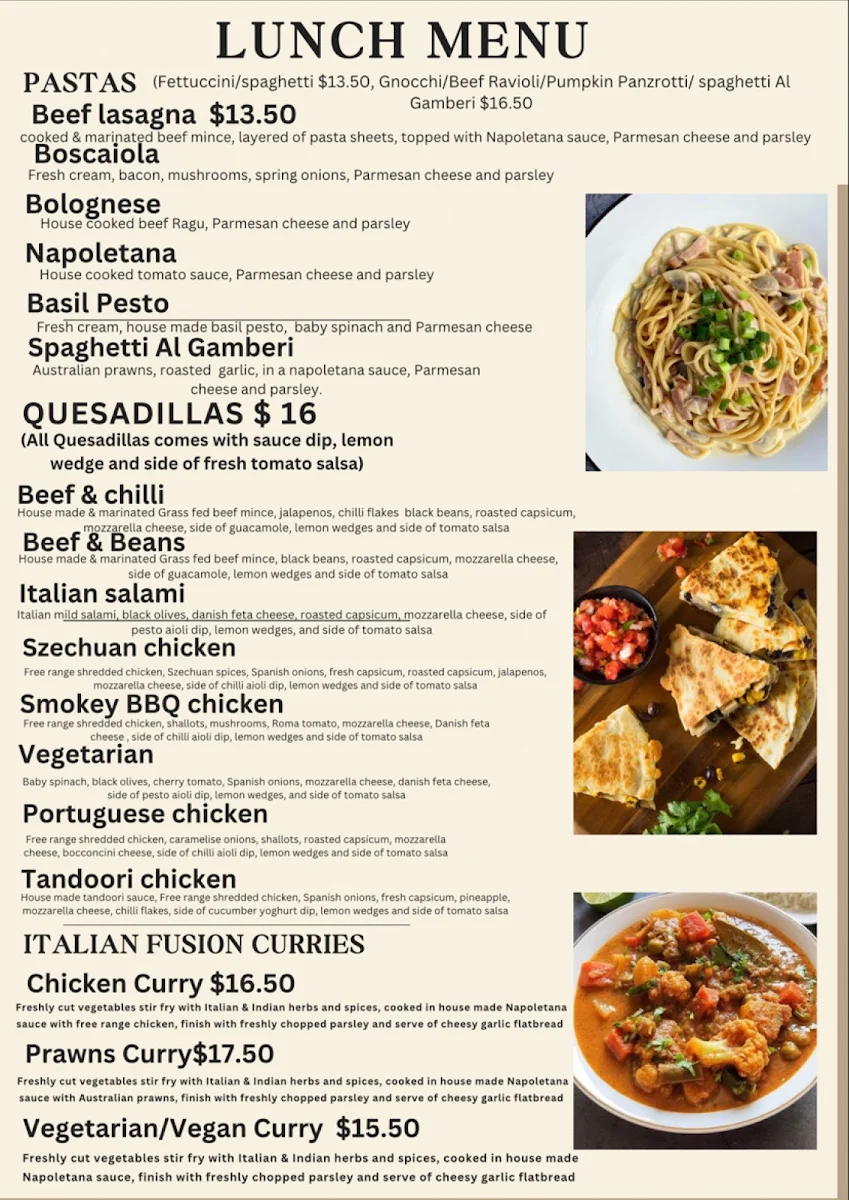 Menu, Arancini Pizza & Pasta - Waterloo