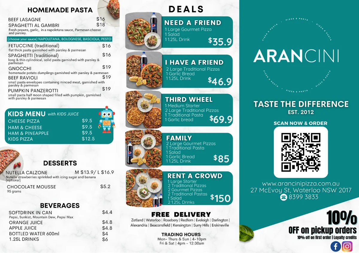 Menu, Arancini Pizza & Pasta - Waterloo