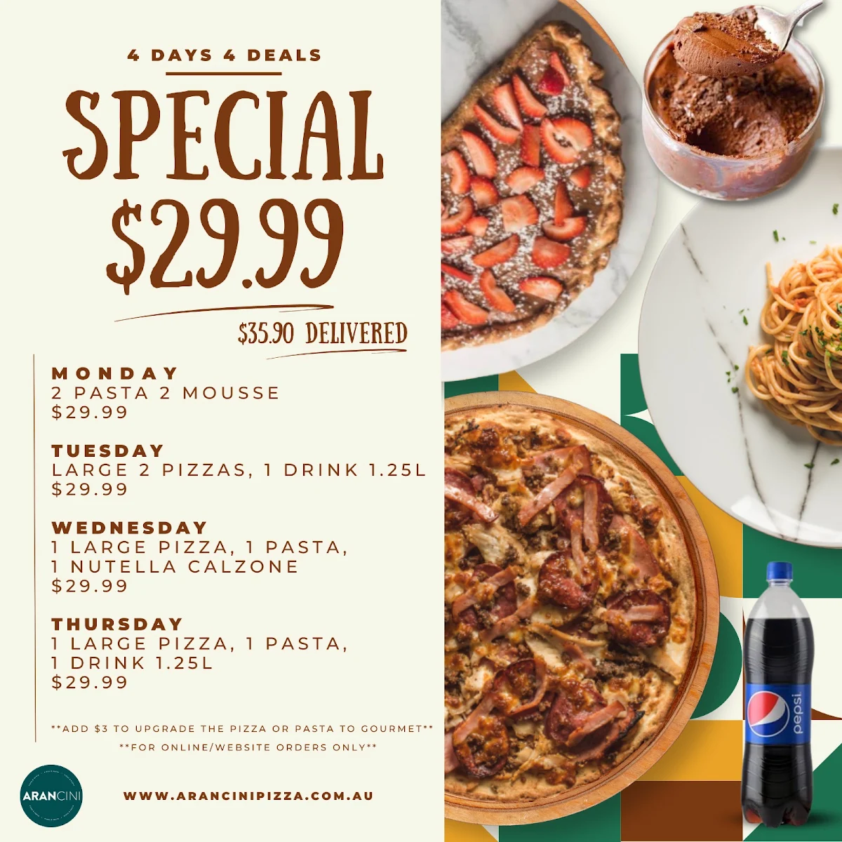 Menu, Arancini Pizza & Pasta - Waterloo