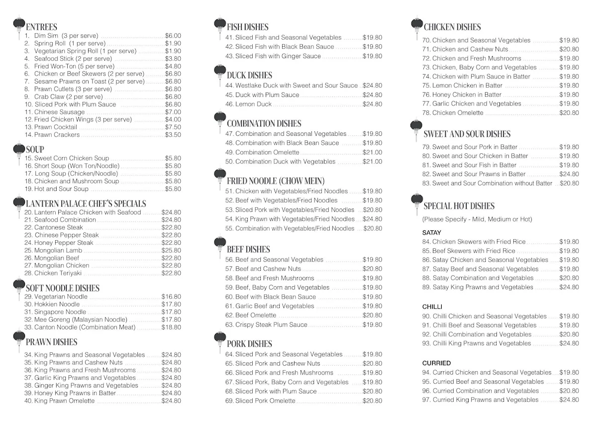 Menu, Lantern Palace