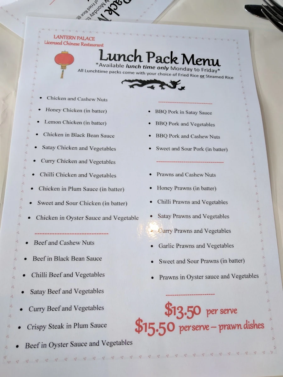 Menu, Lantern Palace