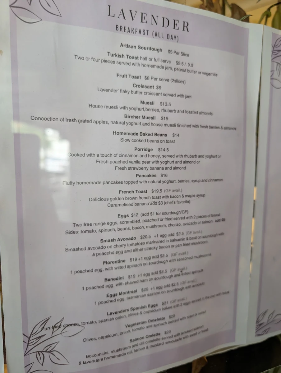 Menu, Lavender Cafe & Bakery