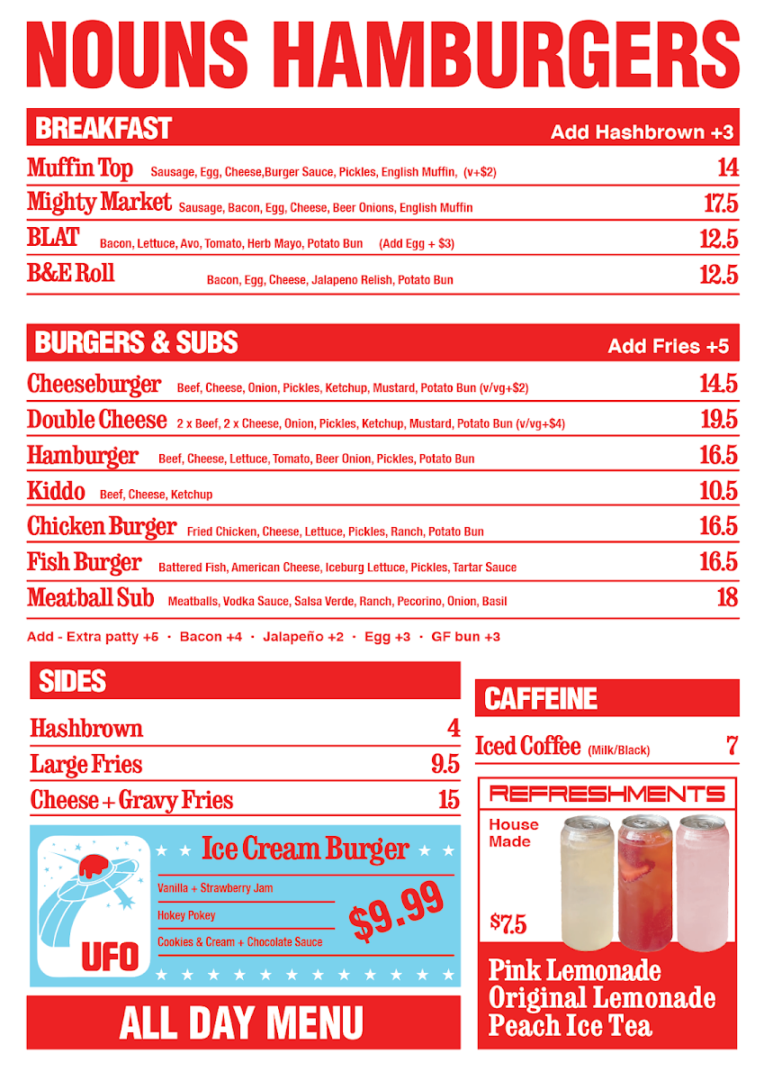 Menu, Nouns Hamburgers