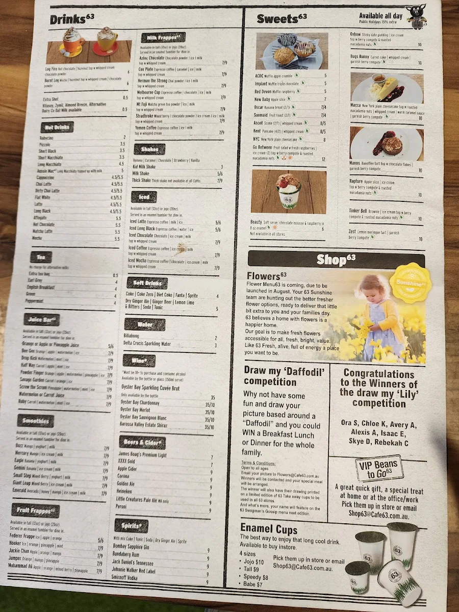 Menu, Cafe 63 Gatton