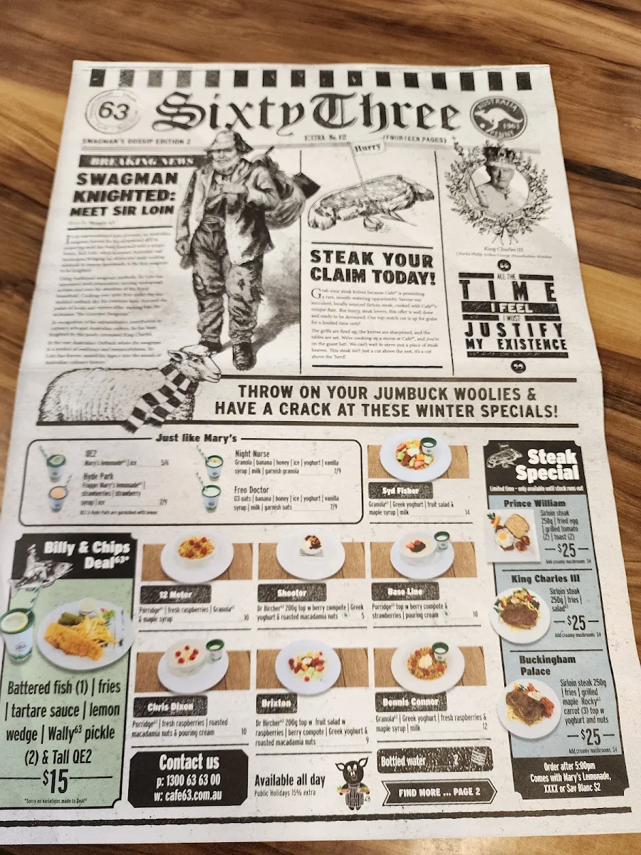 Menu, Cafe 63 Gatton