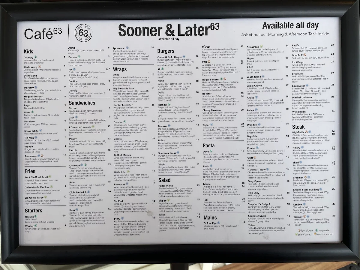 Menu, Cafe 63 Gatton