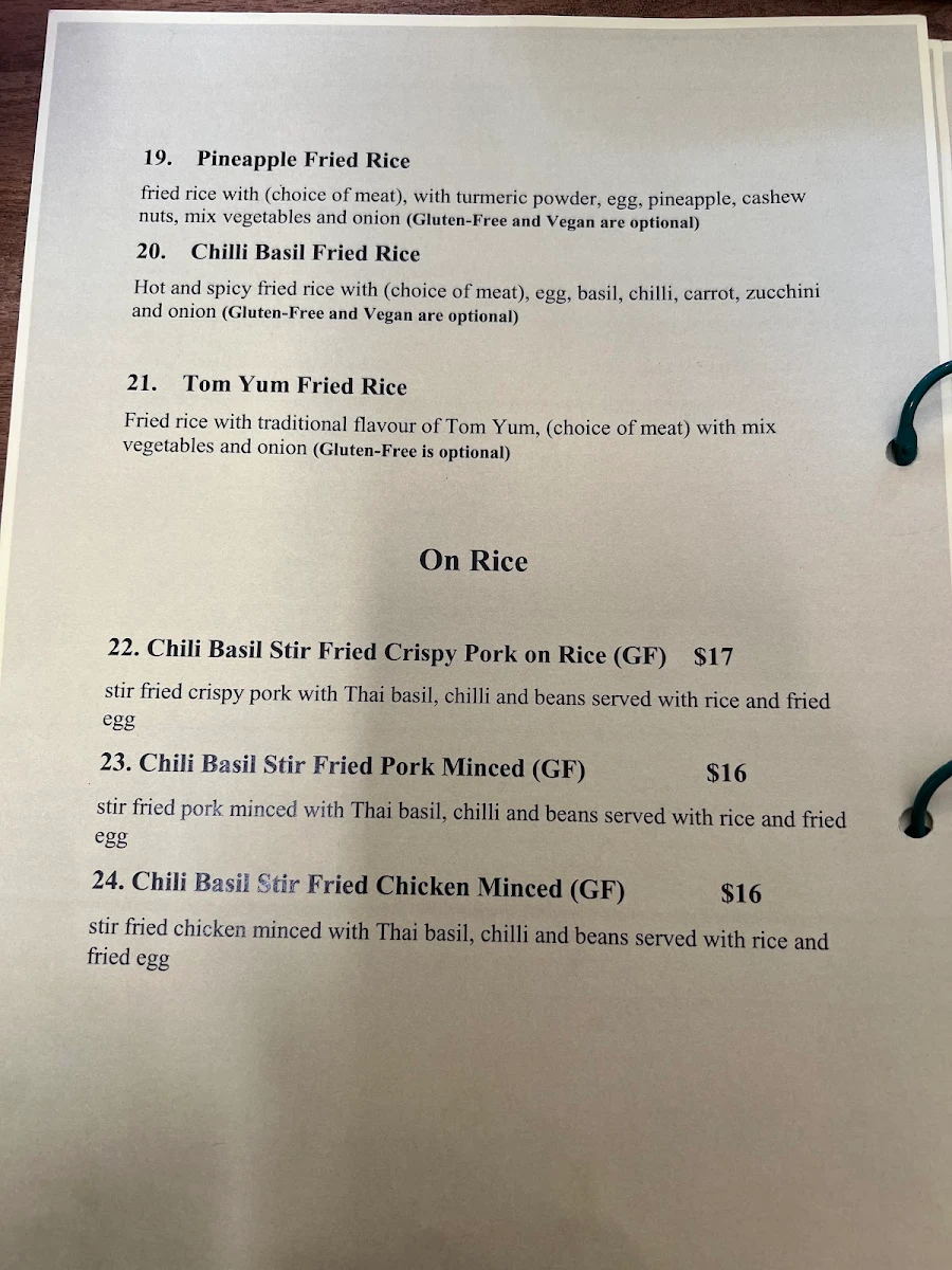 Menu, Rod Thai