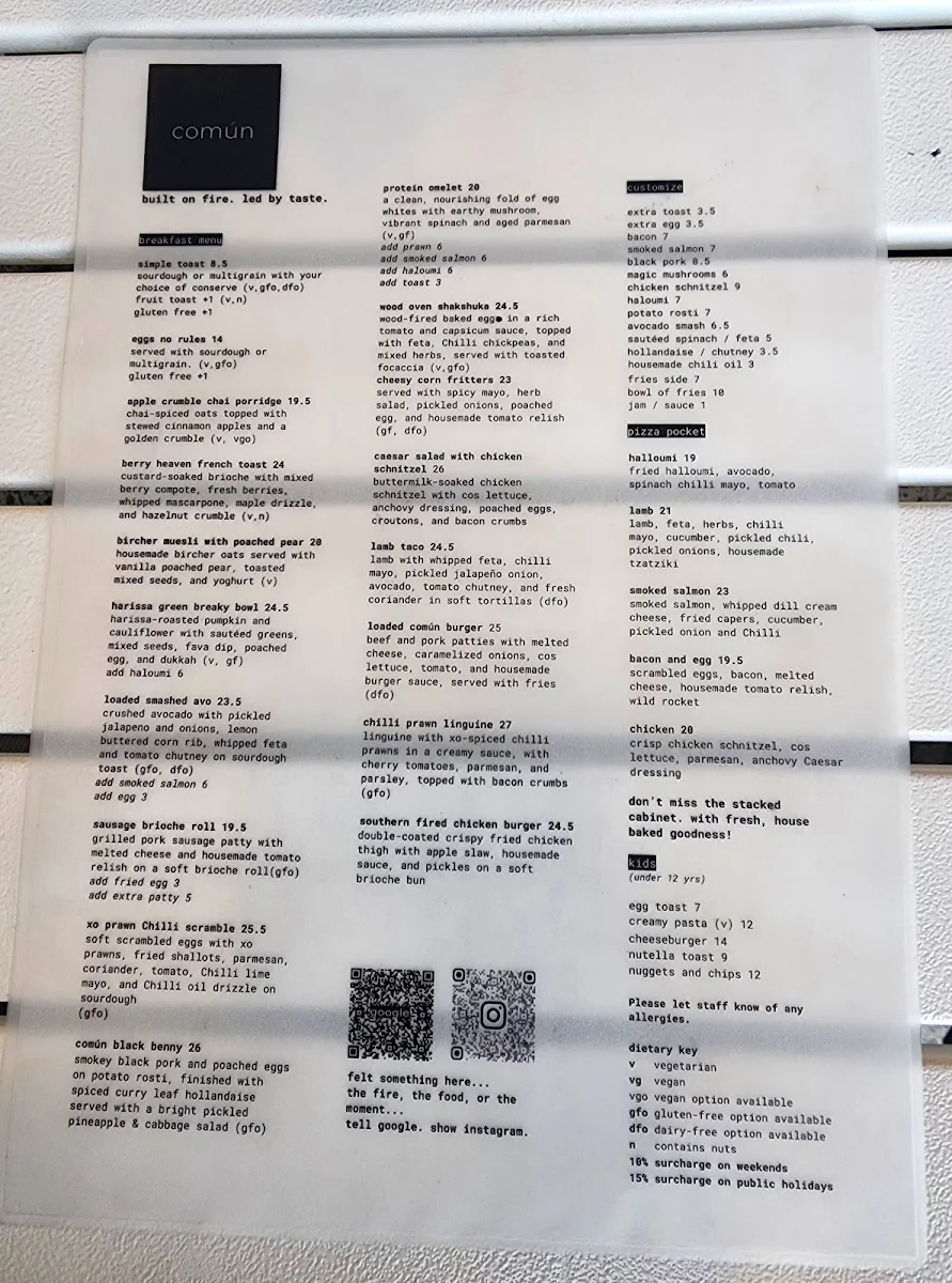 Menu, común glen