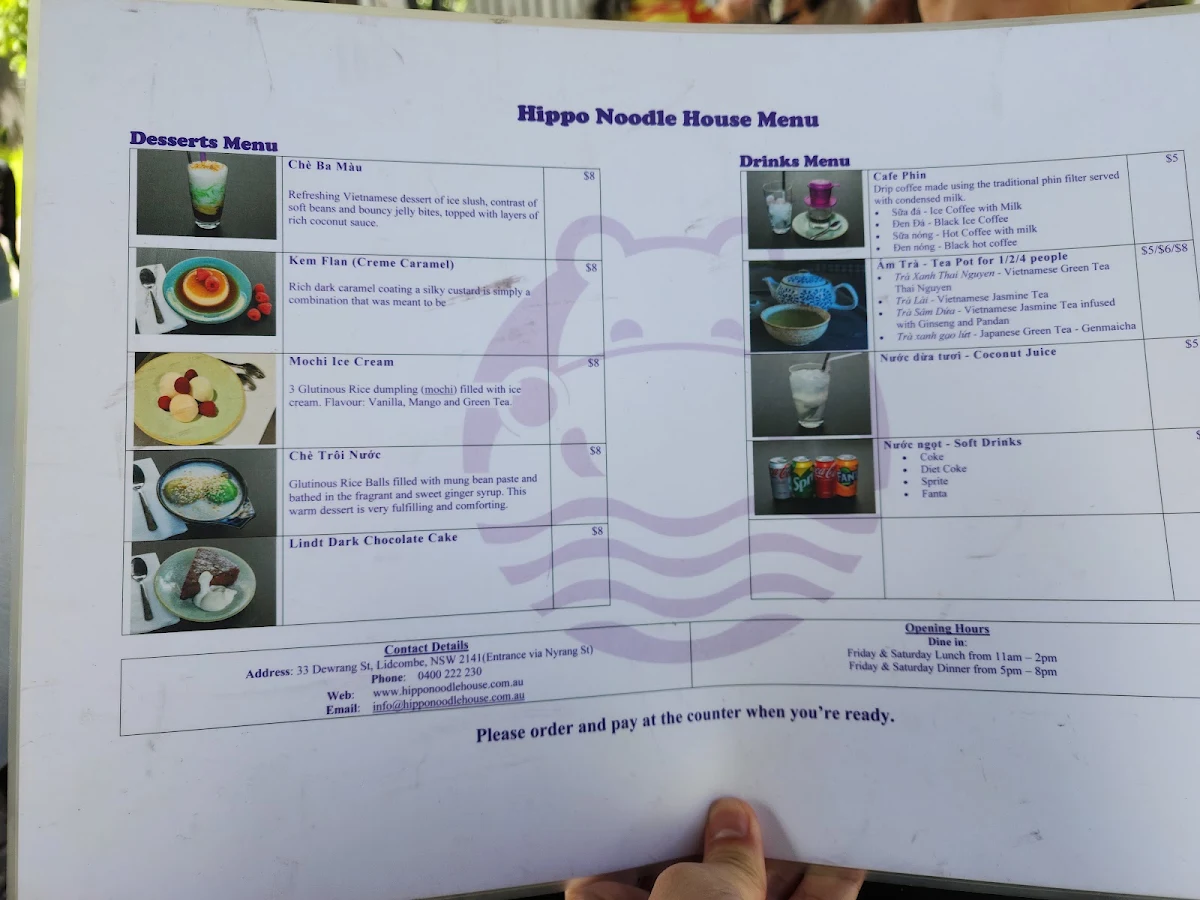 Menu, Hippo Noodle House