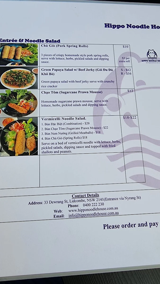 Menu, Hippo Noodle House