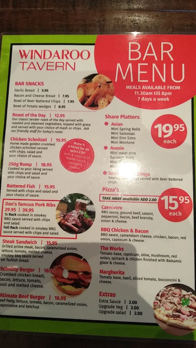 Menu, Windaroo Tavern