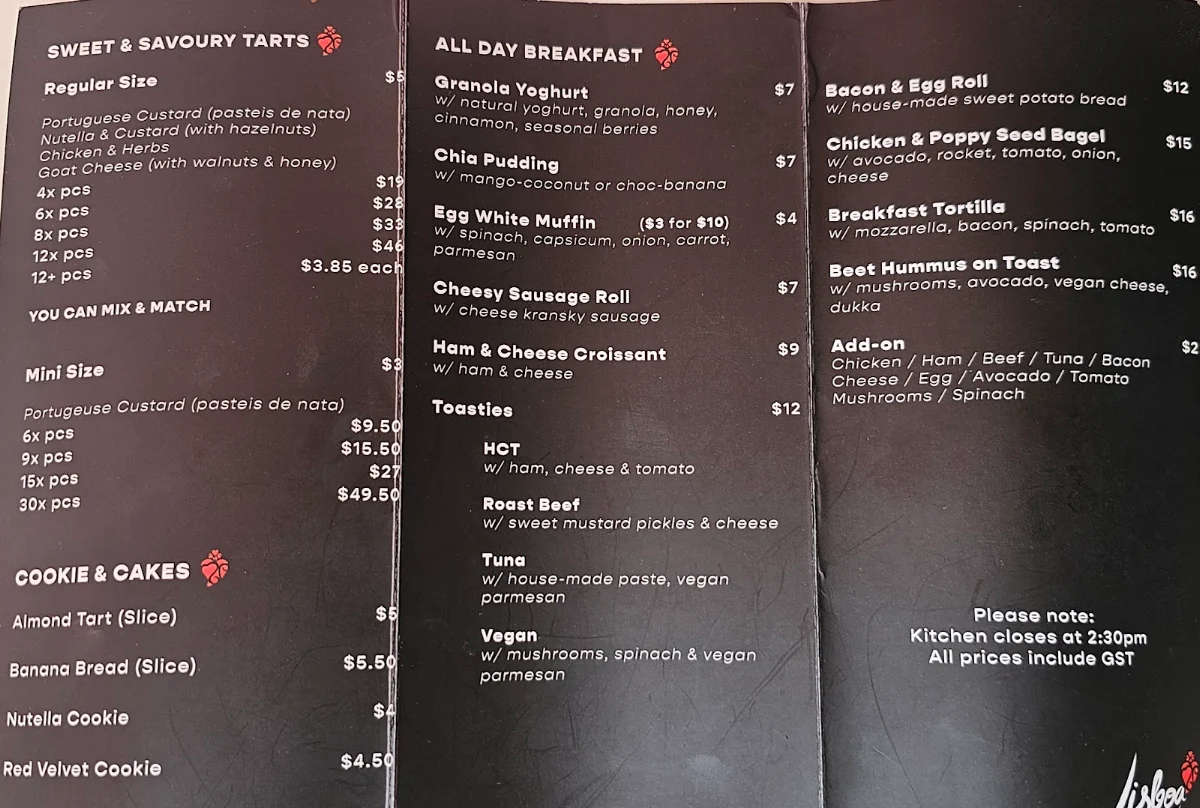 Menu, Lisboa Caffe