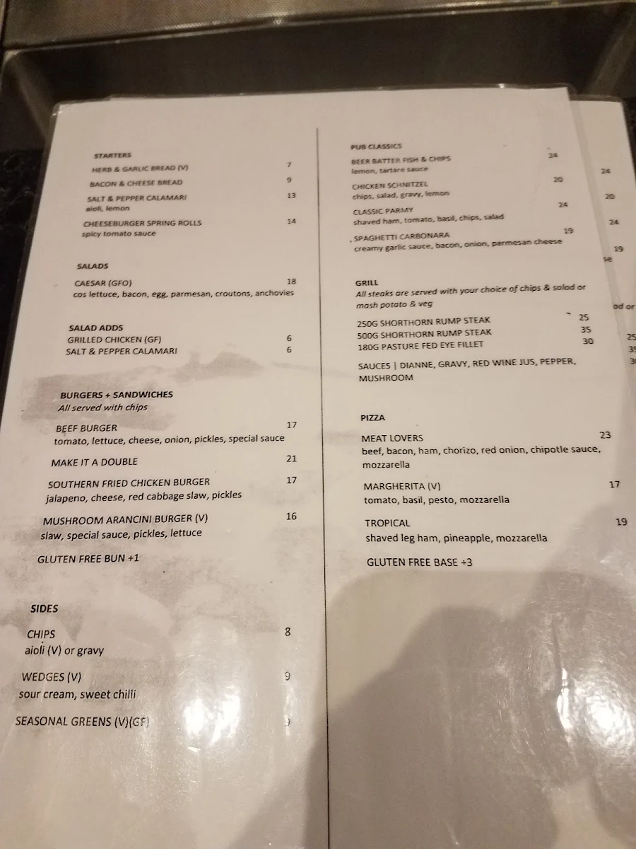 Menu, Mount Sheridan Tavern