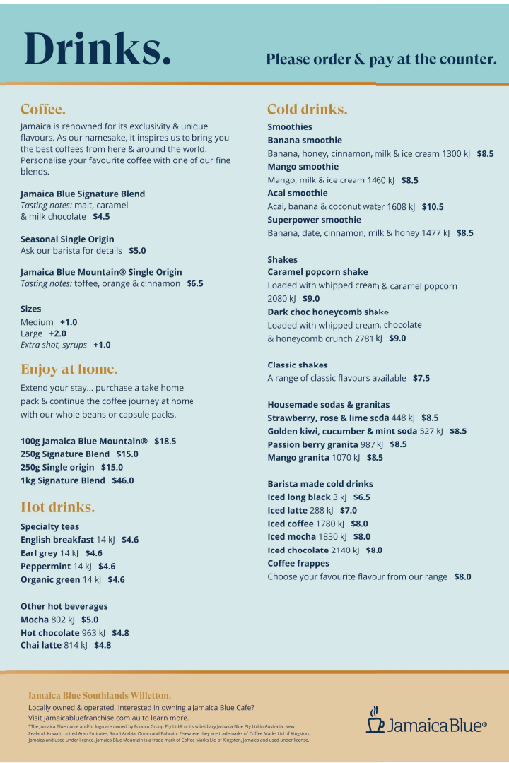 Menu, Jamaica Blue Willetton Southlands