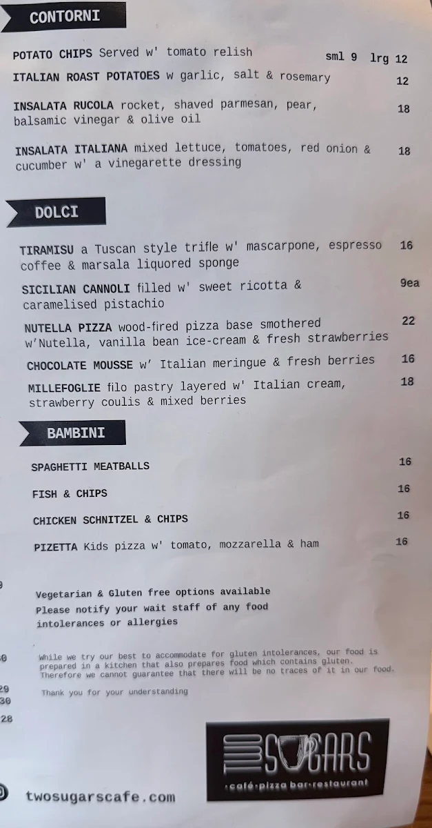 Menu, Two Sugars on Pako