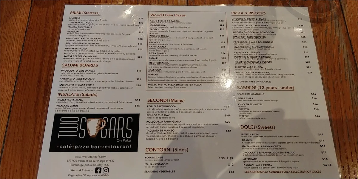 Menu, Two Sugars on Pako