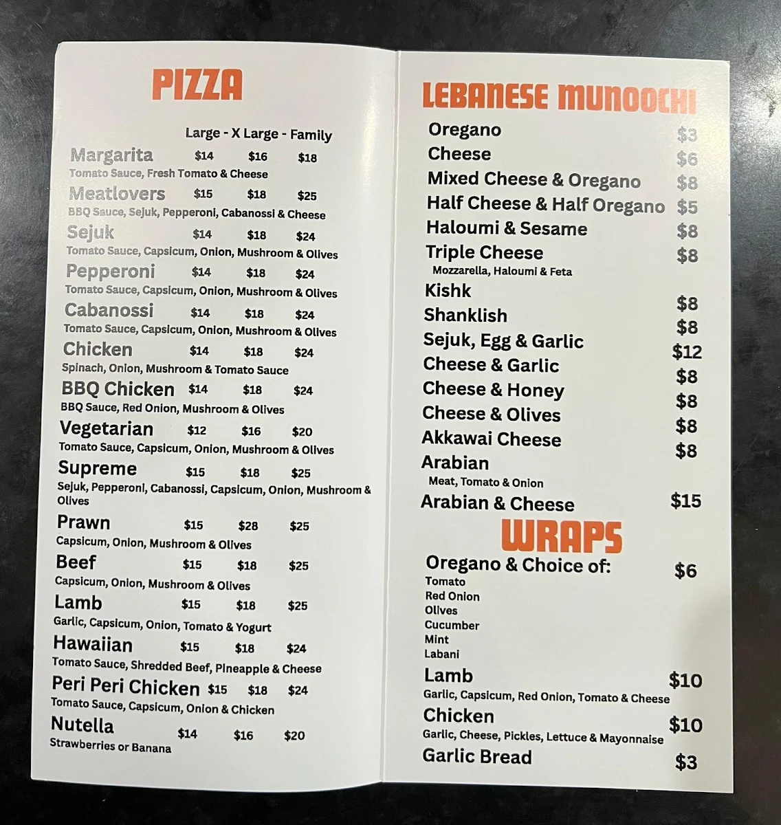 Menu, Munoochi Pizzeria
