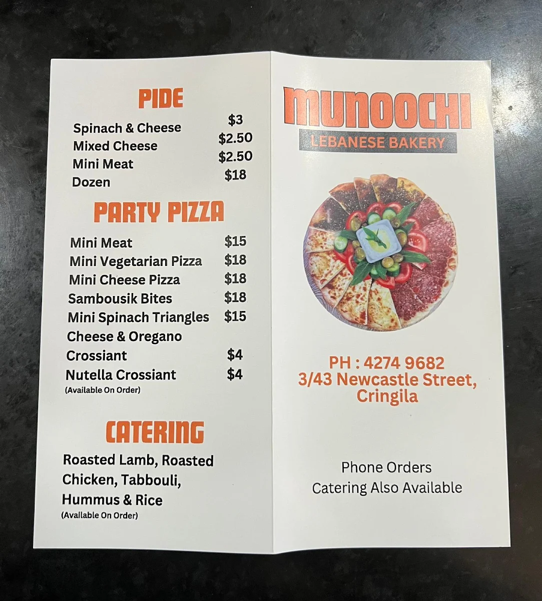 Menu, Munoochi Pizzeria