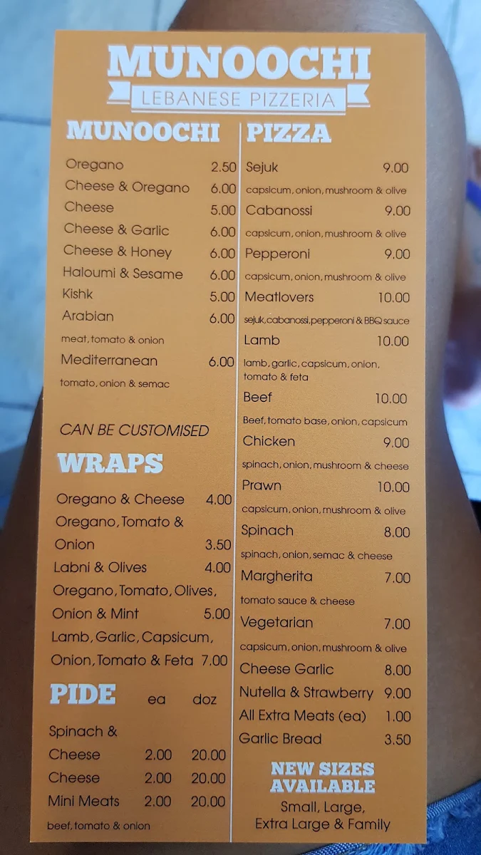 Menu, Munoochi Pizzeria