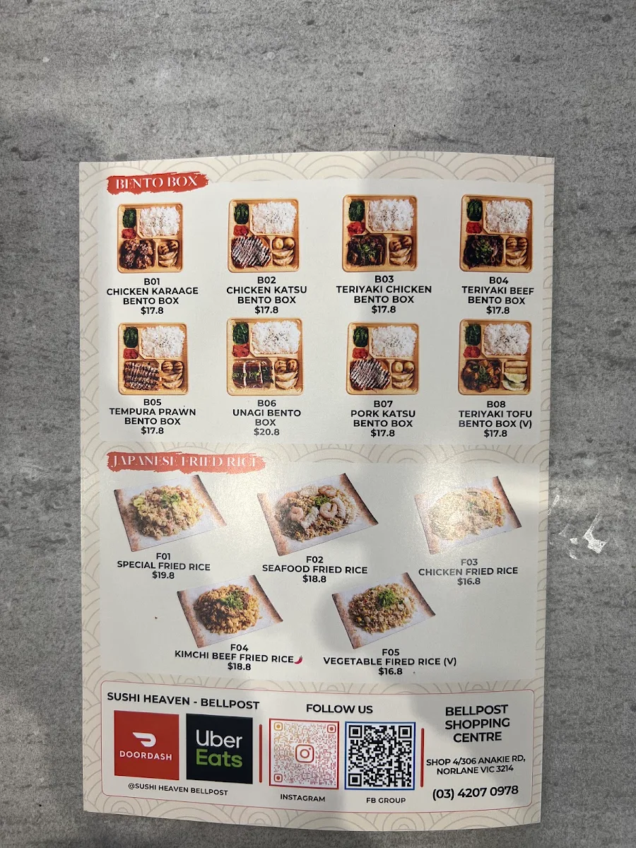 Menu, Sushi Heaven - Bellpost