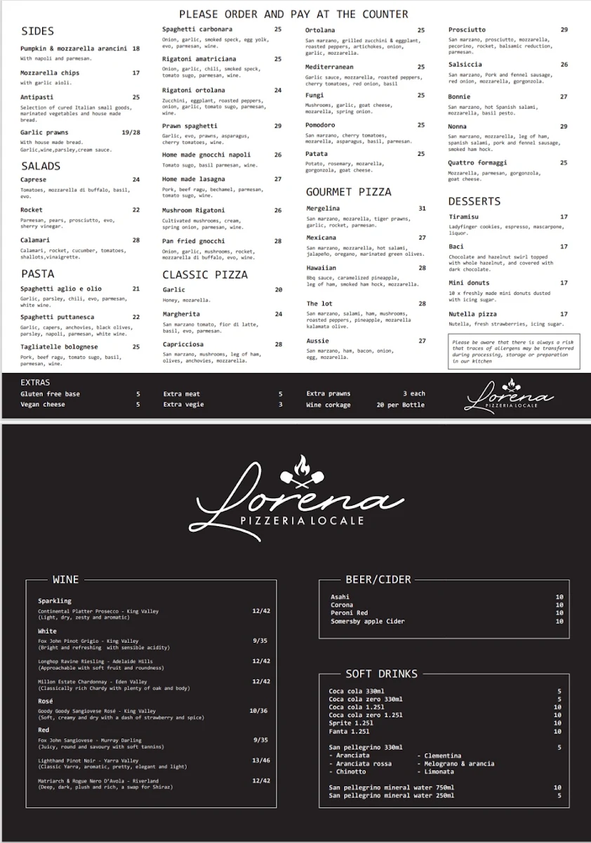 Menu, Lorena Pizzeria Locale