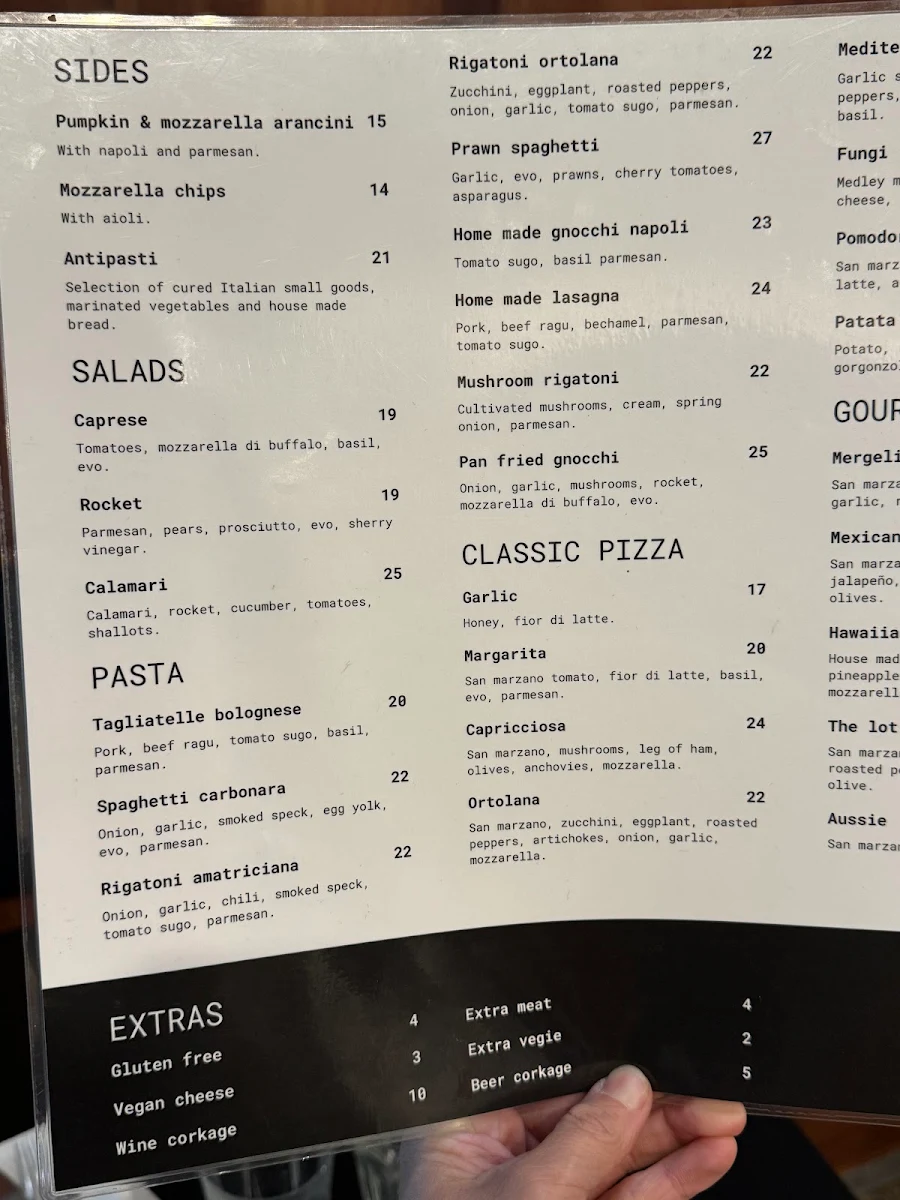 Menu, Lorena Pizzeria Locale