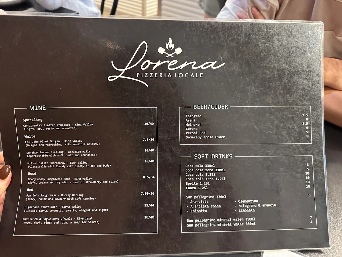 Menu, Lorena Pizzeria Locale