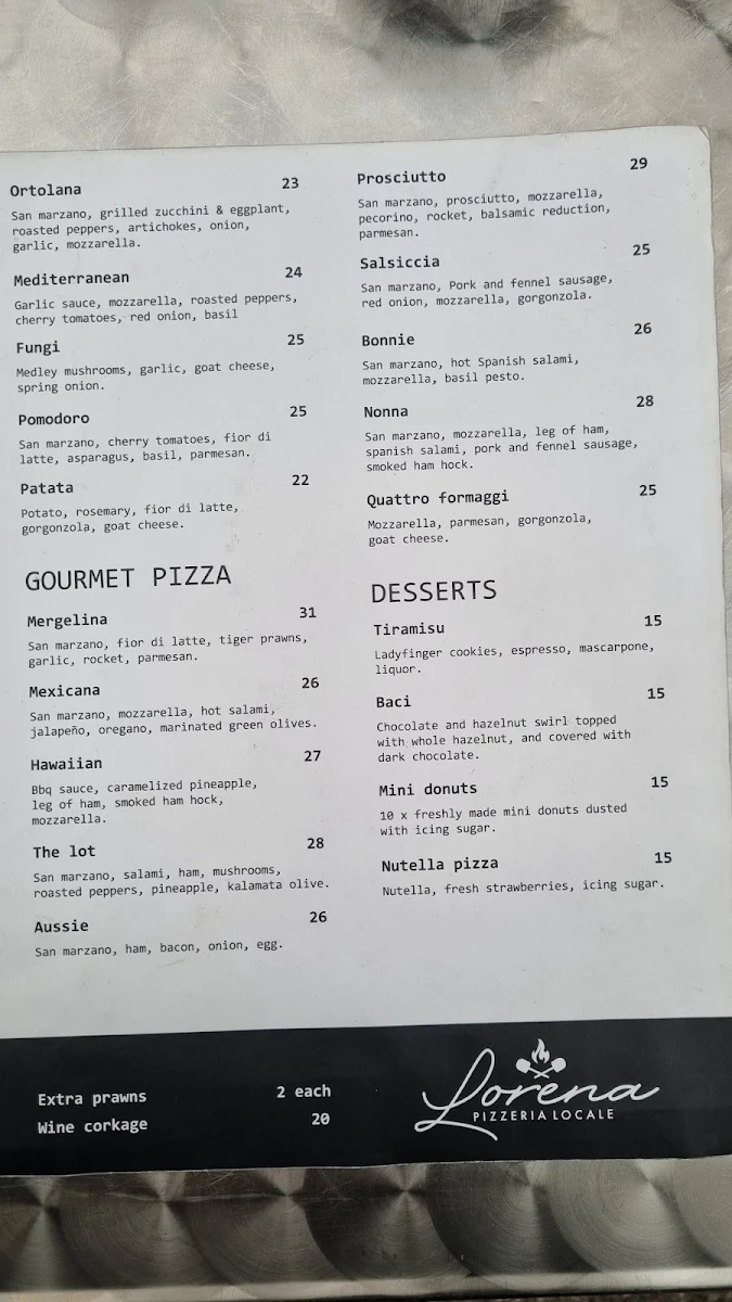 Menu, Lorena Pizzeria Locale