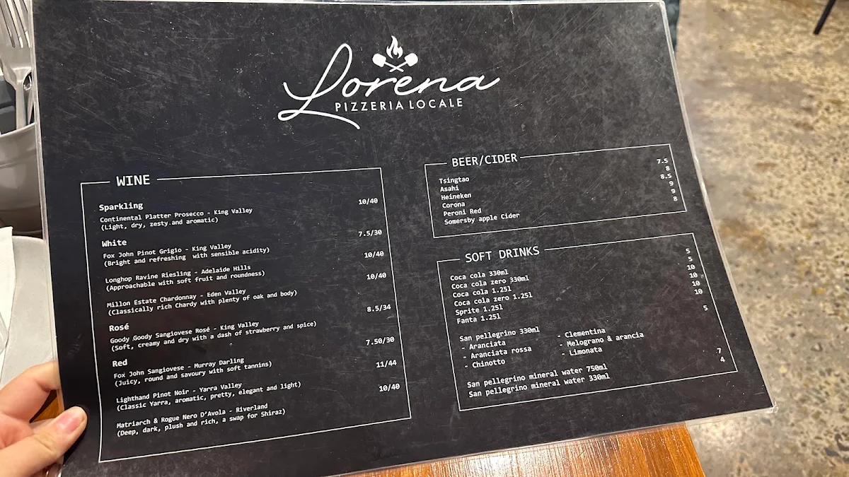 Menu, Lorena Pizzeria Locale