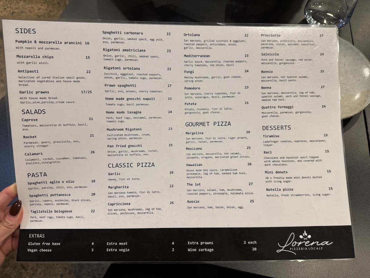 Menu, Lorena Pizzeria Locale