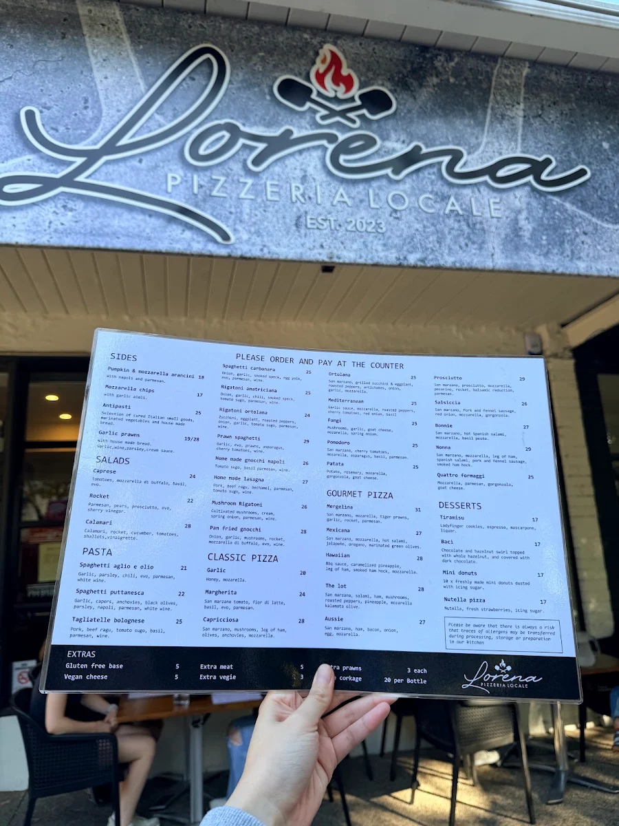 Menu, Lorena Pizzeria Locale