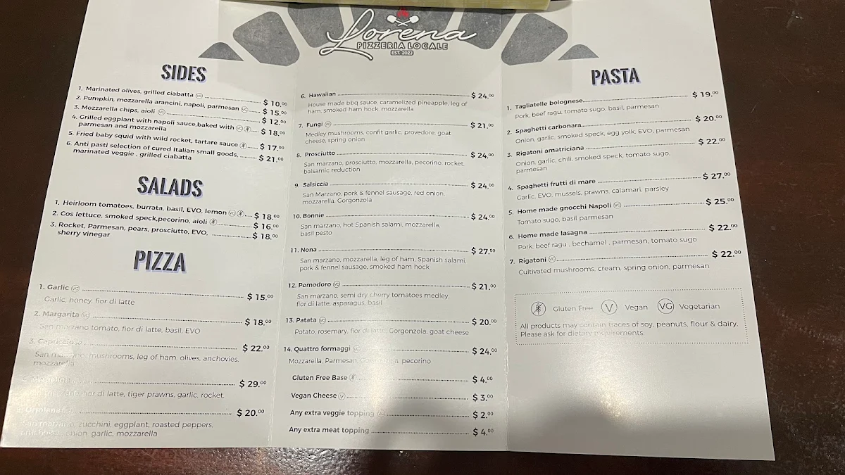 Menu, Lorena Pizzeria Locale