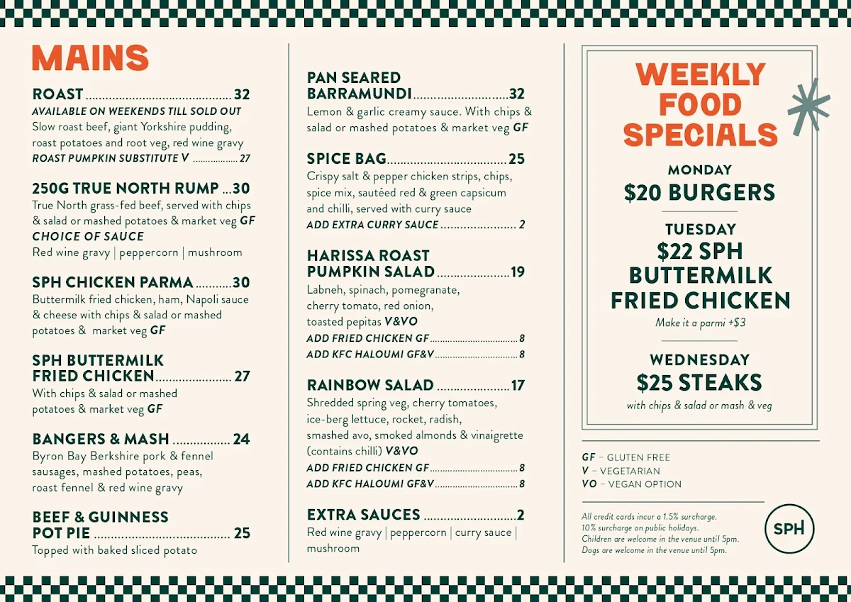 Menu, Sydney Park Hotel