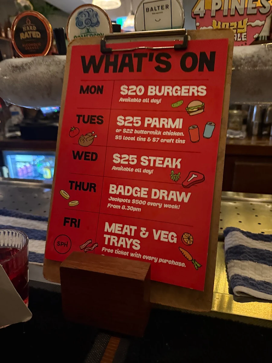 Menu, Sydney Park Hotel