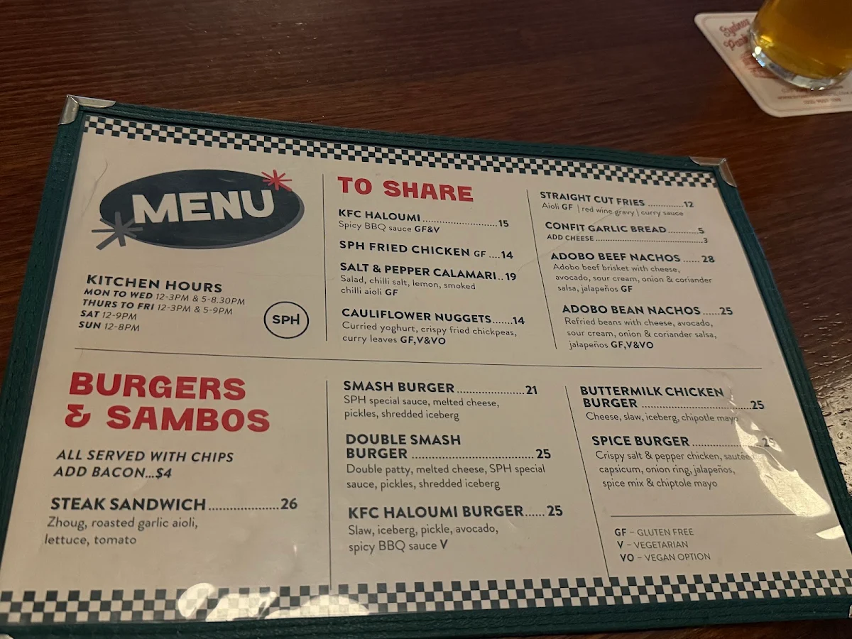 Menu, Sydney Park Hotel