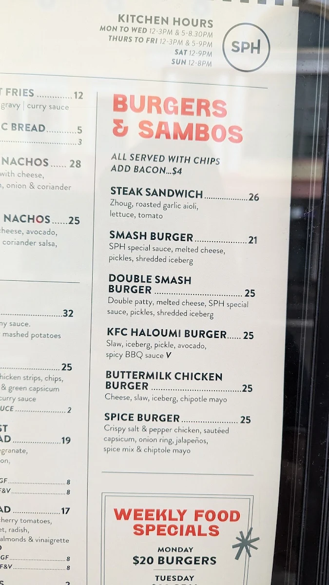 Menu, Sydney Park Hotel