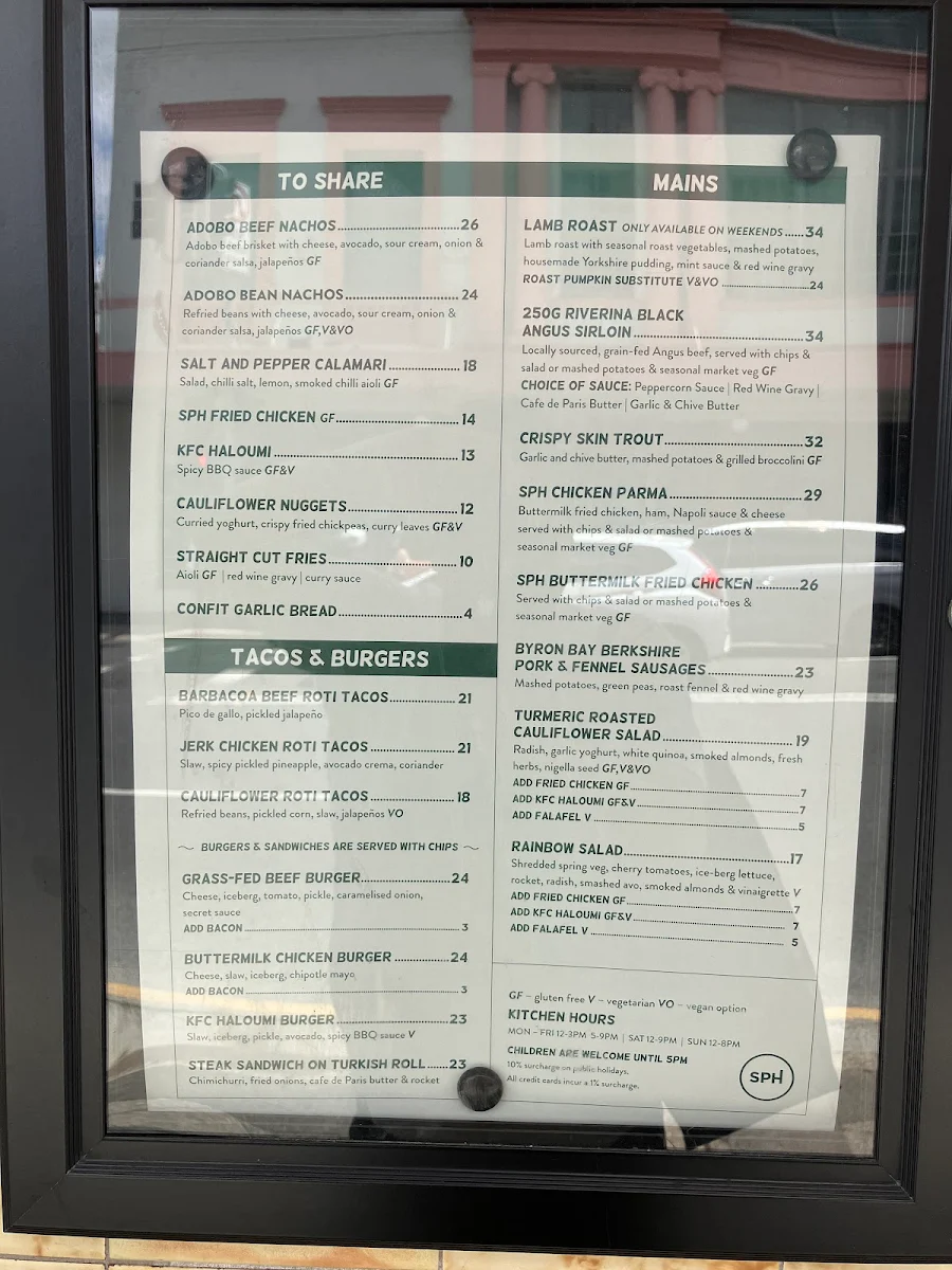 Menu, Sydney Park Hotel