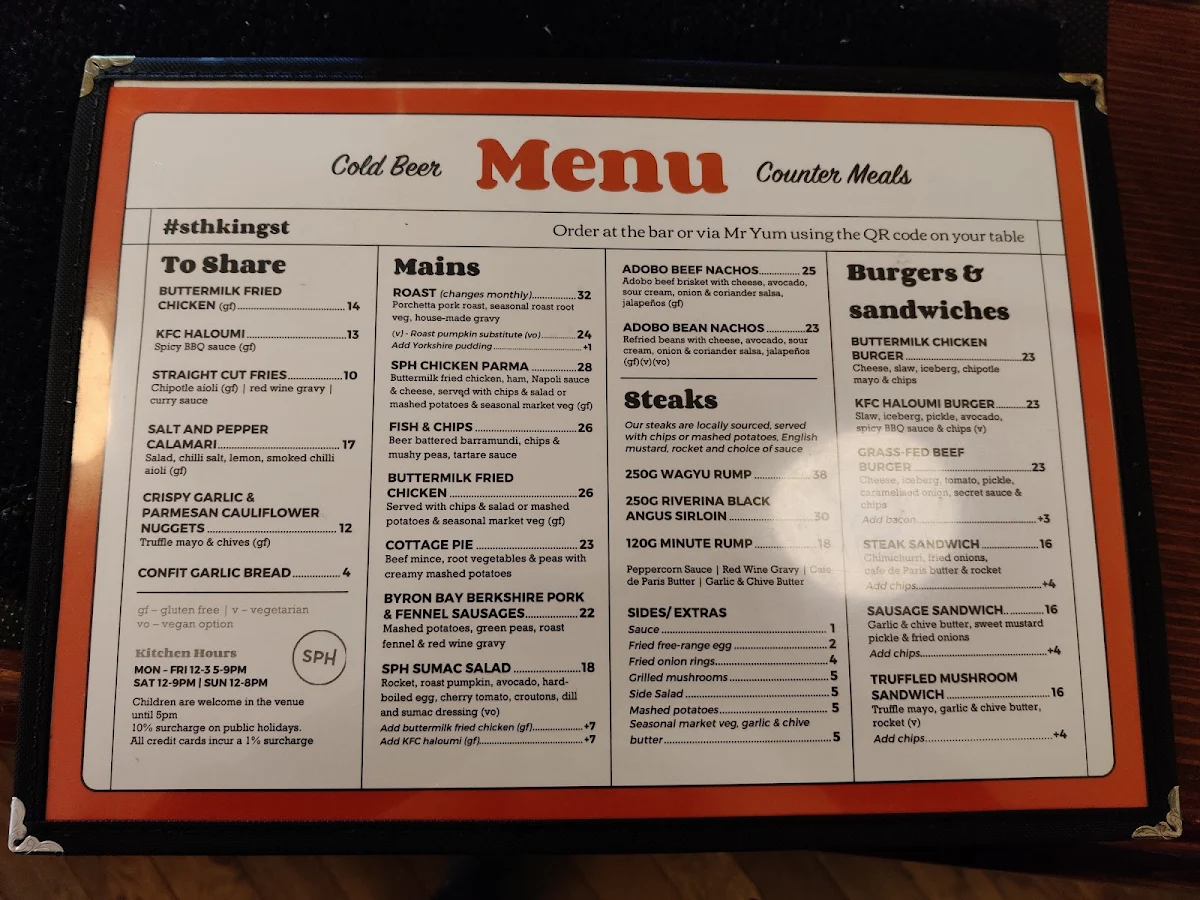 Menu, Sydney Park Hotel