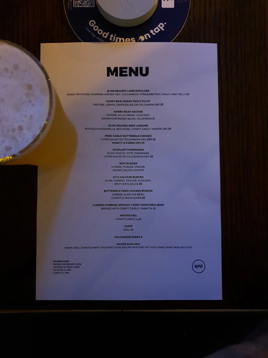 Menu, Sydney Park Hotel