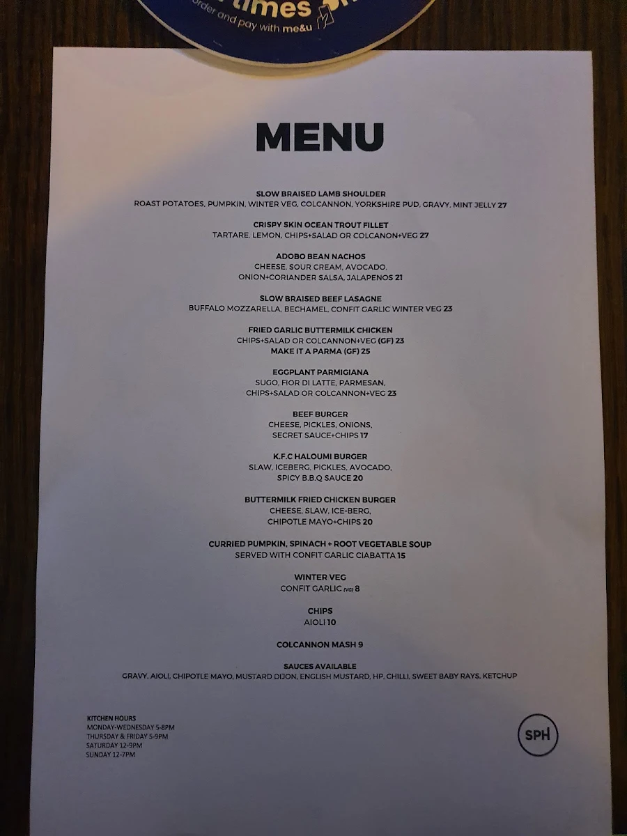 Menu, Sydney Park Hotel