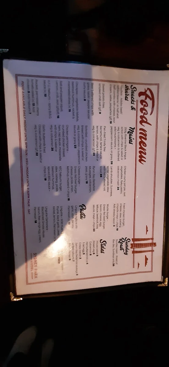Menu, Sydney Park Hotel