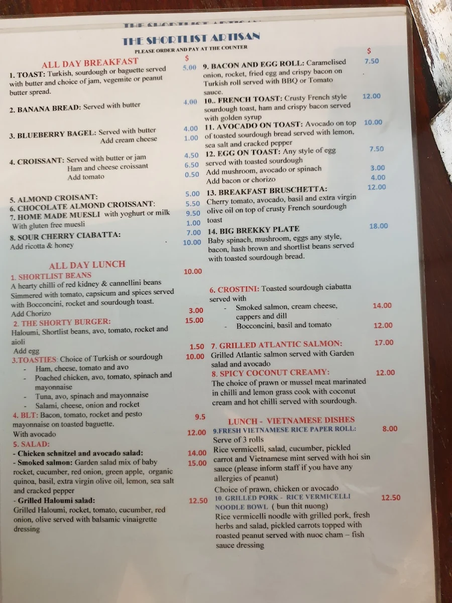Menu, The Shortlist Espresso Bar